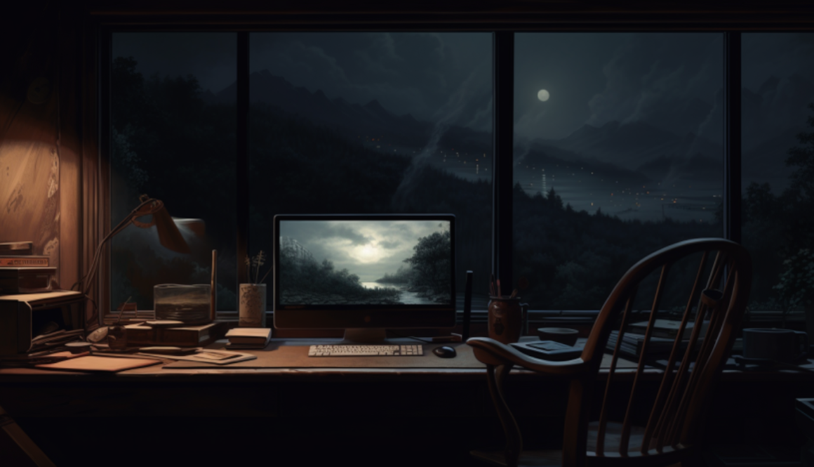 Computer on desk at night