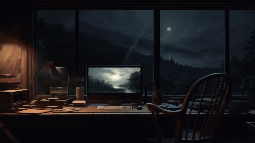 Computer on desk at night